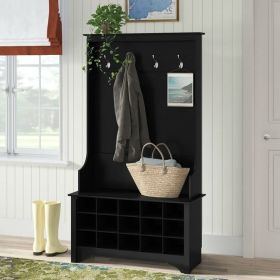 68" Black Entryway Coat Rack with Shoe Cubbies and Seating Area