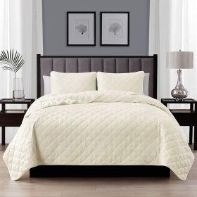 Full Queen 3-Piece Ivory Polyester Microfiber Reversible Diamond Quilt Set