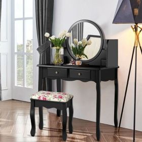 Black Makeup Vanity Table Set, Dressing Table Chair with 4 Drawers and Oval Mirror