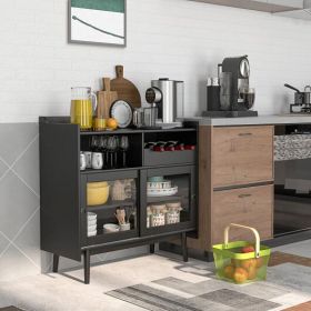 Black Kitchen Buffet Sideboard with Wine Rack and Sliding Door