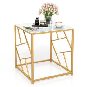 Square End Table with Tempered Glass Tabletop and Gold Finish Geometric Frame