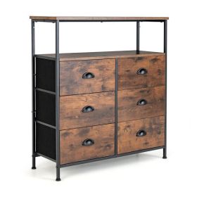 2-Tier Storage Chest with Wooden Top and 6 Fabric Drawers-Rustic Brown