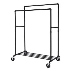 Heavy Duty Rustic Pipe Black Double-Rail Clothes Garment Rack with Locking Wheels