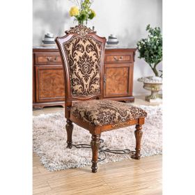 Set of 2 Cherry Brown Solid Wood Dining Chairs with Intricate Carved Floral Design Details and Print Fabric Seats