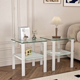 Set of 2 White End Tables with Top/Bottom Tempered Glass and Bottom Shelf