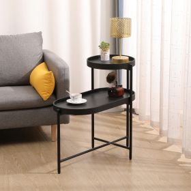 2-Tier Black Side Table with Storage and Metal Frame