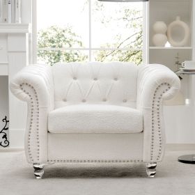 White Teddy Velvet Fabric Chair, Tufted Button Backrest and Armrest with Nailhead Trim and Sturdy Clear Acrylic Legs