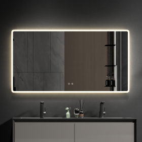 48" W x 32" H Modern Wall Mounted LED Backlit Anti-Fog Rounded Rectangular Bathroom Mirror with US standard plug