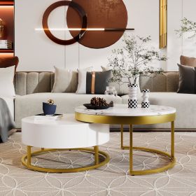 Modern Round Nesting Coffee Table with 2 Drawers in White with Gold Trim