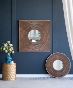 31.5x1x31.5" Round Carter Wooden Mirror with Gold Iron Frame Neutral Colorway Wall Decor for Live space, Bathroom, Entryway Wall Decor