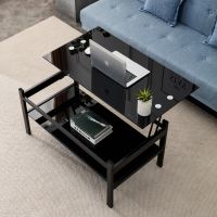 2 Layered Tempered Glass Lift Top Black Coffee Table with Open Bottom Glass Storage Shelf