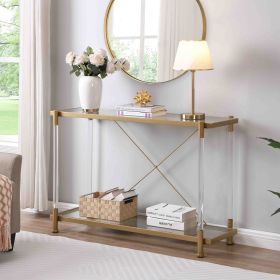 2 Tiered Golden Console Table with Tempered Glass and Open Bottom Shelf