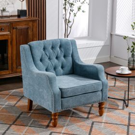 Diamond Button Tufted Blue Accent Chair with Vintage Brass Studs, Handcrafted Upholstery and Solid Wood Legs