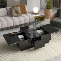Black Coffee Table with 2 Large Hidden Storage Compartments, 2 Extendable Cocktail Table Tops with 2 Drawers Black Coffee Table with 2 Large Hidden Storage Compartments, 2 Extendable Cocktail Table Tops with 2 Drawers