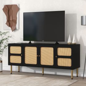 ON-TREND Boho style TV Stand with Rattan Door, Woven Media Console Table for TVs Up to 70''