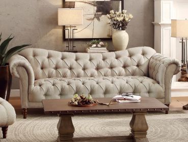 Brown Tone Traditional Style Button Tufted Sofa with Rolled Arms and Textured Upholstered Fabric