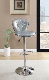 Set of 2, Silver/Grey Faux Leather Bar Stools with Adjustable Height and Chrome Base.