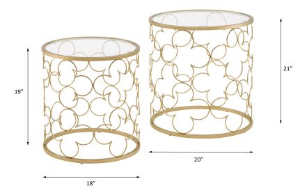 Set of 2, ACME Flowie End Tables with Clear Tempered Glass and Gold Finish