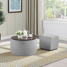 2 in 1 Combination, Round Ottoman Coffee Table Set with Storage and Square Footstool