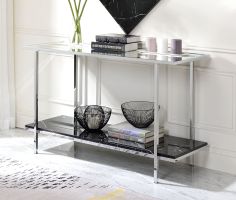 ACME Angwin Mirrored Top Console Table with Faux Marble Bottom Shelf