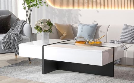 White & Black Contemporary Rectangle Modern Design Coffee Table with Drawer and T-Shaped Bottom Support Base