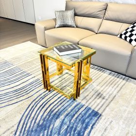 Golden Stainless Steel End Table, Double-Layer, Clear Tempered Glass End Table, for Bed Room, Living Room