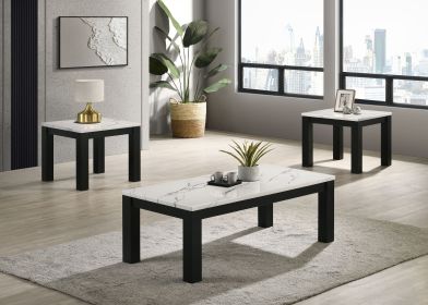 3 Piece Black & White Table Set, Coffee Table with Faux Marble Table Top and Two Matching End Tables