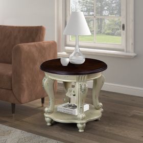 22'' Two Tone Round End Table, Solid Wood Sofa Side Table with Shelf, Living Room Corner Table Easy Assemble