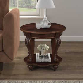 Solid Wood Retro Round End Table with Bottom Storage Shelf