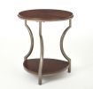 Brown Round End Table with Curved Iron Legs and Open Bottom Shelf