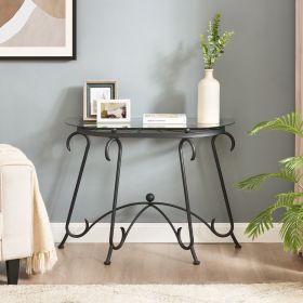 Rustic Black Console Table with Metal Frame and Tempered Glass Surface