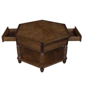 Retro Hexagon Solid Wood Coffee Table with 2 Drawers and Spacious Open Bottom Shelf