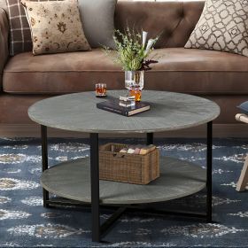 Farmhouse Round Coffee Table With 2 Tier Storage Space and Black Metal Legs