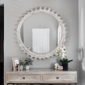 Vintage 34'' x 34'' Wooden Round Hanging Gear Shape Heavy Decorative Mirror in Antique White