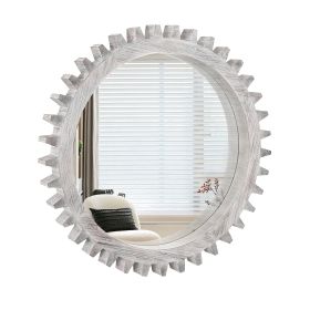 Vintage 26'' x 26'' Wooden Round Gear Shaped Decorative Mirror in Antique White