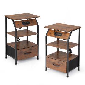 Set of 2 Wooden Night Stands with Shelves, Charging Station and 26 Colors LED Light Strip