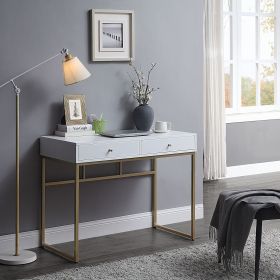 White and Gold Multifunctional Console Table with 2 Drawers and Metal Legs