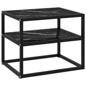 Black Side Table with Tempered Glass and Marble Textured Shelves