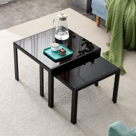 Set of 2, Black Nesting Coffee Tables with Square Stacking Capabilities and Black Tempered Glass Finish