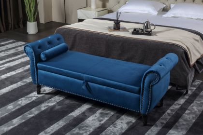 63” Blue Velvet Multifunctional Ottoman Storage Bench, Button Tufted, Nailhead Trim with 1 Pillow