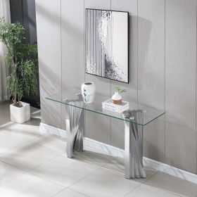 Clear Tempered Glass Top Console Table with Silver Mirror Finish and Stainless Steel Base