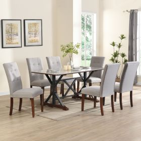 7 Piece Modern Dining Table Set, Gray Sintered Stone Dining Table with 6 Tufted Upholstered Chairs