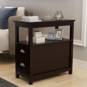 Brown Narrow End Table with Two Drawers and Open Shelf