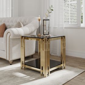 Golden Stainless Steel 2-Tier End Table with Black Glass Top and Bottom