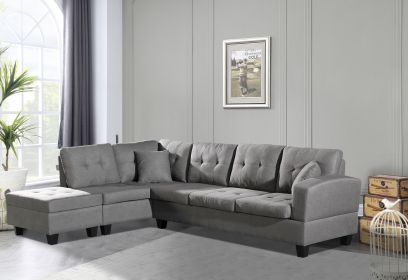 Gray Chaise Living Room Sofa Set with Storage Ottoman and 2 Pillows