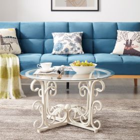 White Leaf Shaped Iron Frame Base Coffee Table with Clear Round Tempered Glass