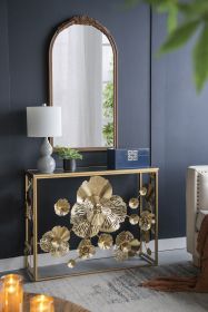 Gold Console Table with Mirrored Glass Top and Gold Gilded Floral Design