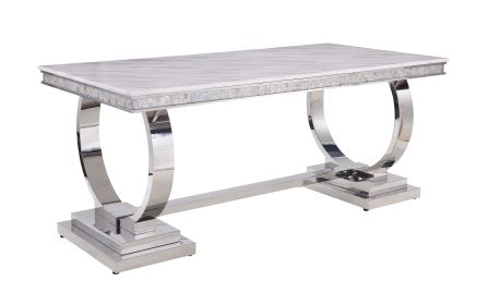 ACME Zander Dining Table with White Printed Faux Marble & Mirrored Silver Finish