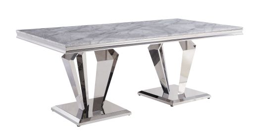 ACME Satinka Dining Table with Light Gray Printed Faux Marble & Mirrored Silver Finish