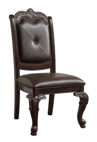 Set of 2 Hand Carved Formal Traditional Dining Chairs with Faux Leather Upholstered Padded Seat and Back Button Tufting Details